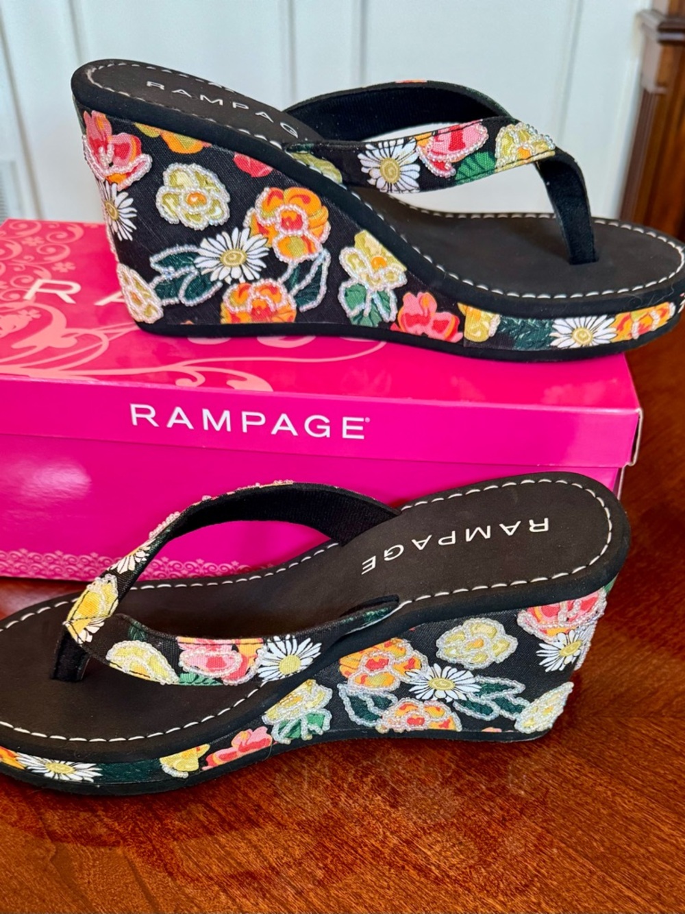 Rampage Black Floral Embroidered Wedge Flip Flops